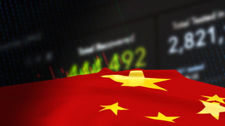 Chinese flag on business background 3d renderingの写真素材