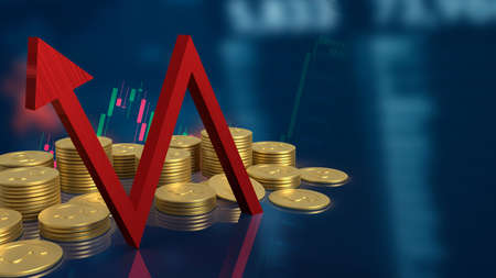 red arrow and gold coins on business background  3d renderingの写真素材