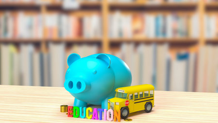 blue piggy bank and school bus image for saving to education 3d rendering