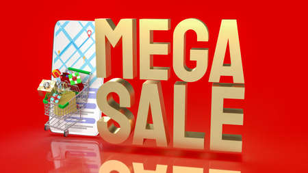 shopping cart on mobile application and mega sale gold text for  online market 3d renderingの写真素材