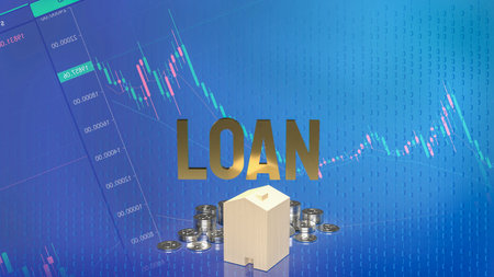 loan text  gold coins and wood house on business chart background  for business concept 3d
