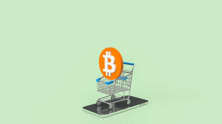 bitcoin on shopping cart and mobile phone for cryptocurrency concept 3d renderingの写真素材