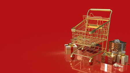 gold shopping cart and gift box for celebration or business concept 3d renderingの写真素材