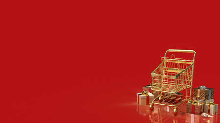 gold shopping cart and gift box for celebration or business concept 3d renderingの写真素材