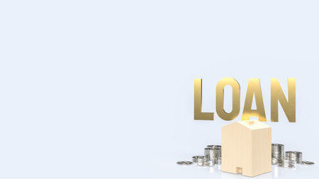 loan text  gold coins and wood house on white background  for business concept 3d