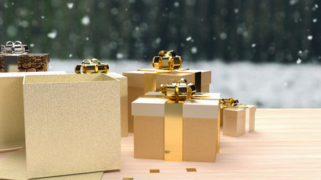 gold gift boxes on wood table for celebration concept 3d rendering