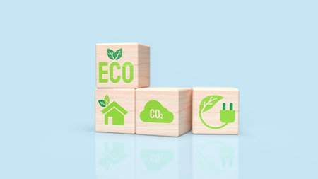 wood brick on blue background  for eco or ecological concept 3d rendering
