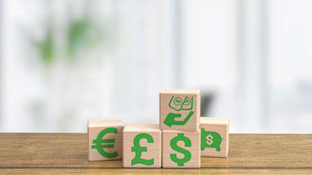 The wood cube and money symbol for business concept 3d renderingの写真素材