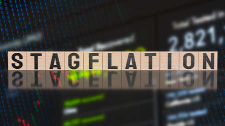 stagflation on wood cube for business concept 3d renderingの写真素材