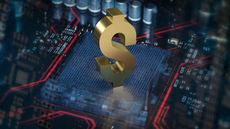 dollar gold symbol on PCB BOARD for business or technology concept 3d renderingの写真素材