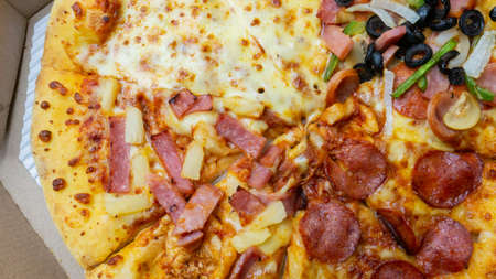 pizza in box top view image for food conceptの写真素材