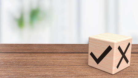 right and wrong symbol on wood cube 3d renderingの写真素材