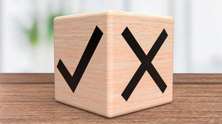 right and wrong symbol on wood cube 3d renderingの写真素材