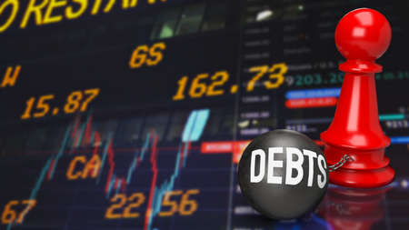 The  debts and red chess for business concept 3d renderingの写真素材