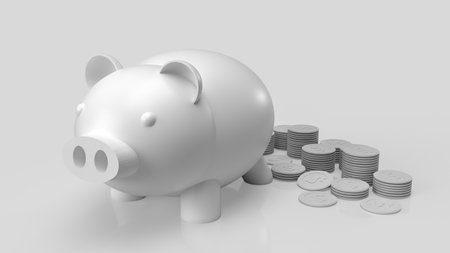 white piggy bank and coins on clear background  3d renderingの写真素材