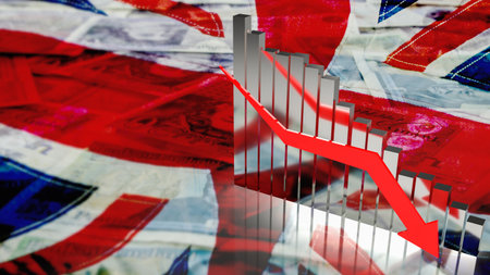 Business chart arrow down on English flag background  3d renderingの写真素材