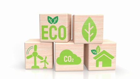 eco icon on wood cube for ecology concept 3d rendering
