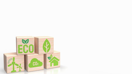 eco icon on wood cube for ecology concept 3d renderingの写真素材