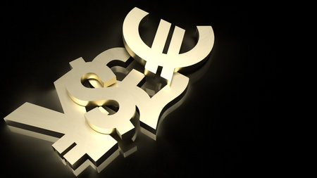 The gold money symbol on black background 3d renderingの写真素材