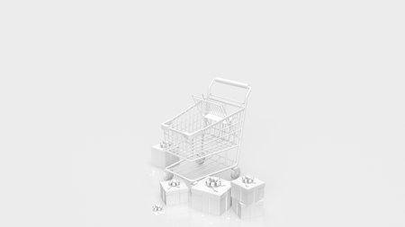 white gift box  and shopping cart on white background  3d renderingの写真素材