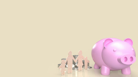 The pink piggy bank and family wood cut 3d renderingの写真素材