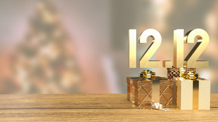 gold 12.12 and gift box on wood table  for shopping day or promotion marketing 3d rendering