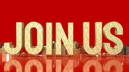 The gold join us and gift box on red background 3d rendering