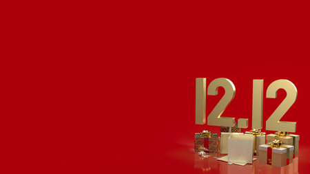 gold 12.12 and gift box on red background for shopping day or promotion marketing 3d renderingの写真素材