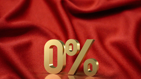 gold  zero percent on red silk background  3d renderingの写真素材