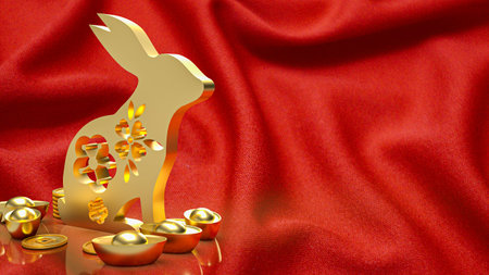 gold rabbit and vintage Chinese money on red background  3d renderingの写真素材