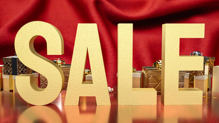 gold sale and gift box on red silk for marketing concept 3d renderingの写真素材