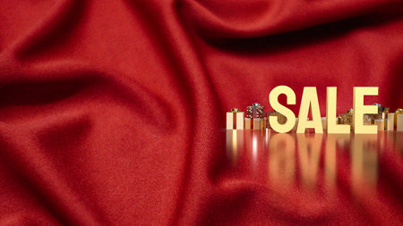 gold sale and gift box on red silk for marketing concept 3d renderingの写真素材