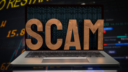 The dirty metal scam text on Notebook background  3d rendering