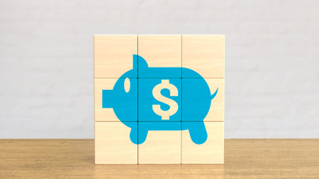 The blue piggy bank  on wood cube for business concept 3d rendering. blue piggy bank  on wood cube...