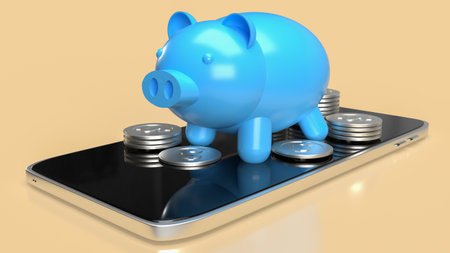 The blue piggy bank on mobile phone for applications or internet banking concept, blue piggy bank and coins for earn or save concept  3d renderingの写真素材