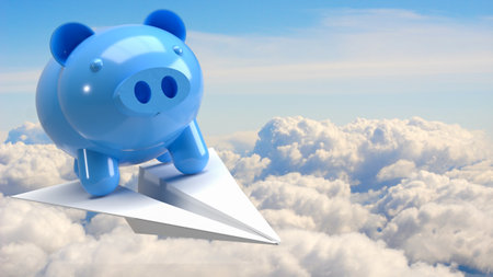The blue piggy bank on paper plane for earn or save concept, blue piggy bank on paper plane for business concept 3d renderingの写真素材
