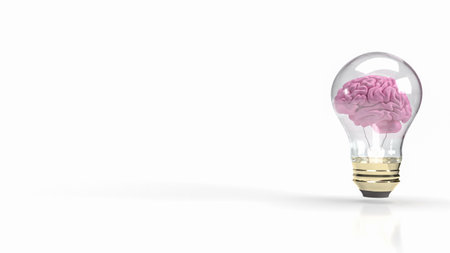 pink brain in light bulb for creative or business concept 3d renderingの写真素材