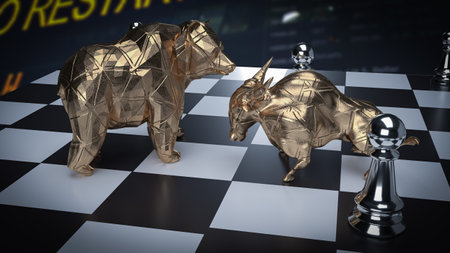 bull and bear on chess board for business concept 3d renderingの写真素材