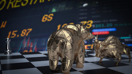 bull and bear on chess board for business concept 3d renderingの写真素材