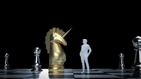 unicorn and man figure on chess board for business concept 3d renderingの写真素材