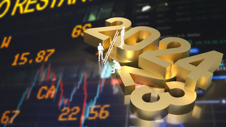 The gold number 2023 and 2024 for Business concept 3d rendering