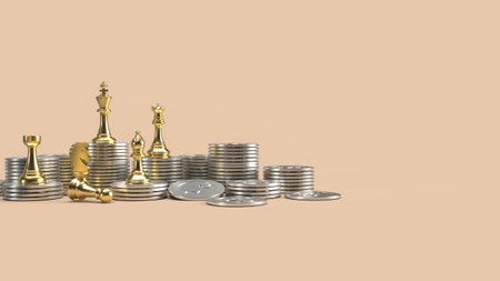 The gold chess and coins for business concept 3d renderingの写真素材