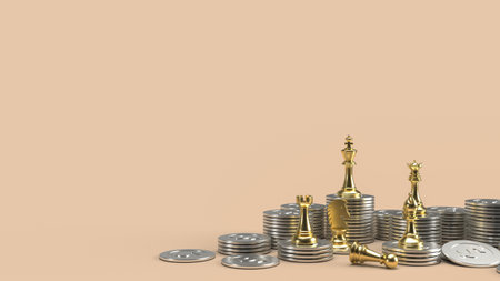 The gold chess and coins for business concept 3d renderingの写真素材
