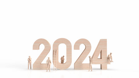 Wood 2024 number and business man on white background  3d rendering