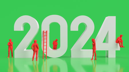 White 2024 number and red business man on green background  3d renderingの写真素材