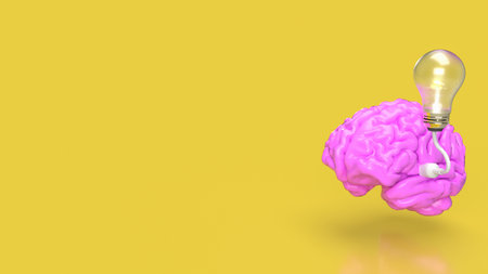 pink Brain and light bulb on yellow background for creative or idea concept 3d renderingの写真素材