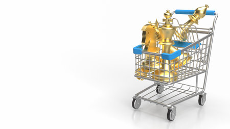 Gold chess in shopping cart on white Background 3d renderingの写真素材
