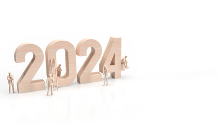 Wood 2024 number and business man on white background  3d rendering