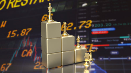 Gold chess on stair wood cube on Business Background 3d renderingの写真素材