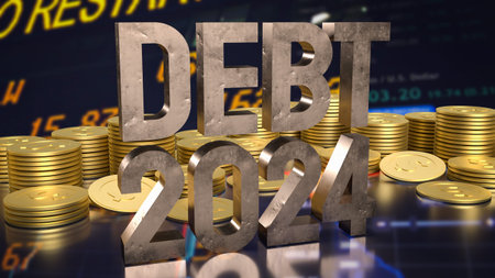 Debt 2024 and Gold coins for Business concept 3d rendering